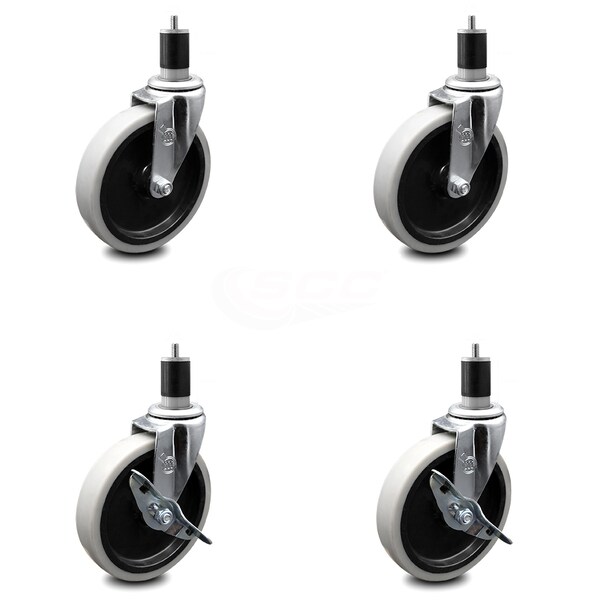 5 Inch Thermoplastic Wheel 1-7/8 Inch Expanding Stem Caster Set with 2 Brakes